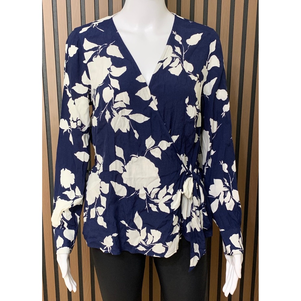 Talbots Women's Navy White Floral Wrap Blouse Long Sleeve V-Neck Top Small NEW